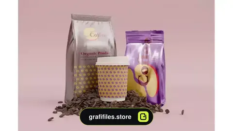 موکاپ پاکت قهوه متالیک Scene with Metallic Coffee Bag Mockup