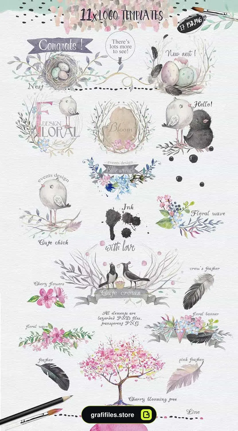 طرح لایه باز بهار و کلاغ Spring & crows bundle