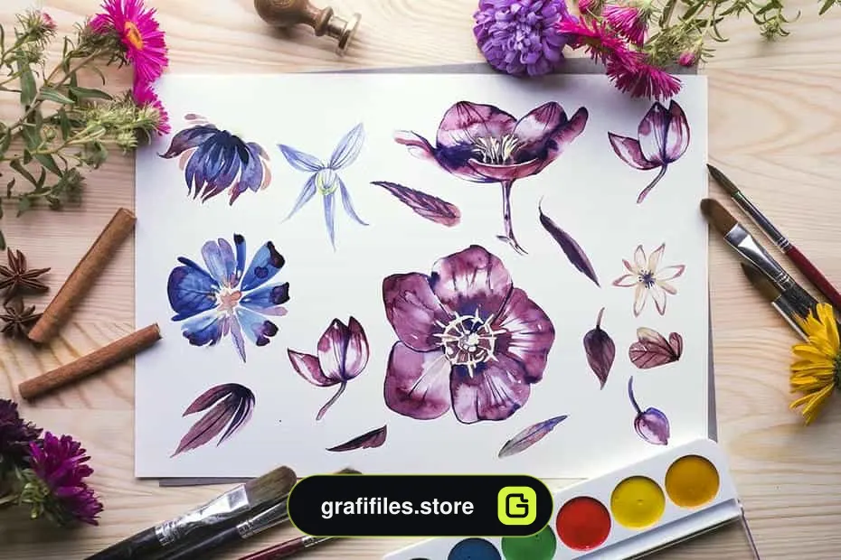 کلیپ آرت گل آبرنگی Watercolor Flowers Pack - 7