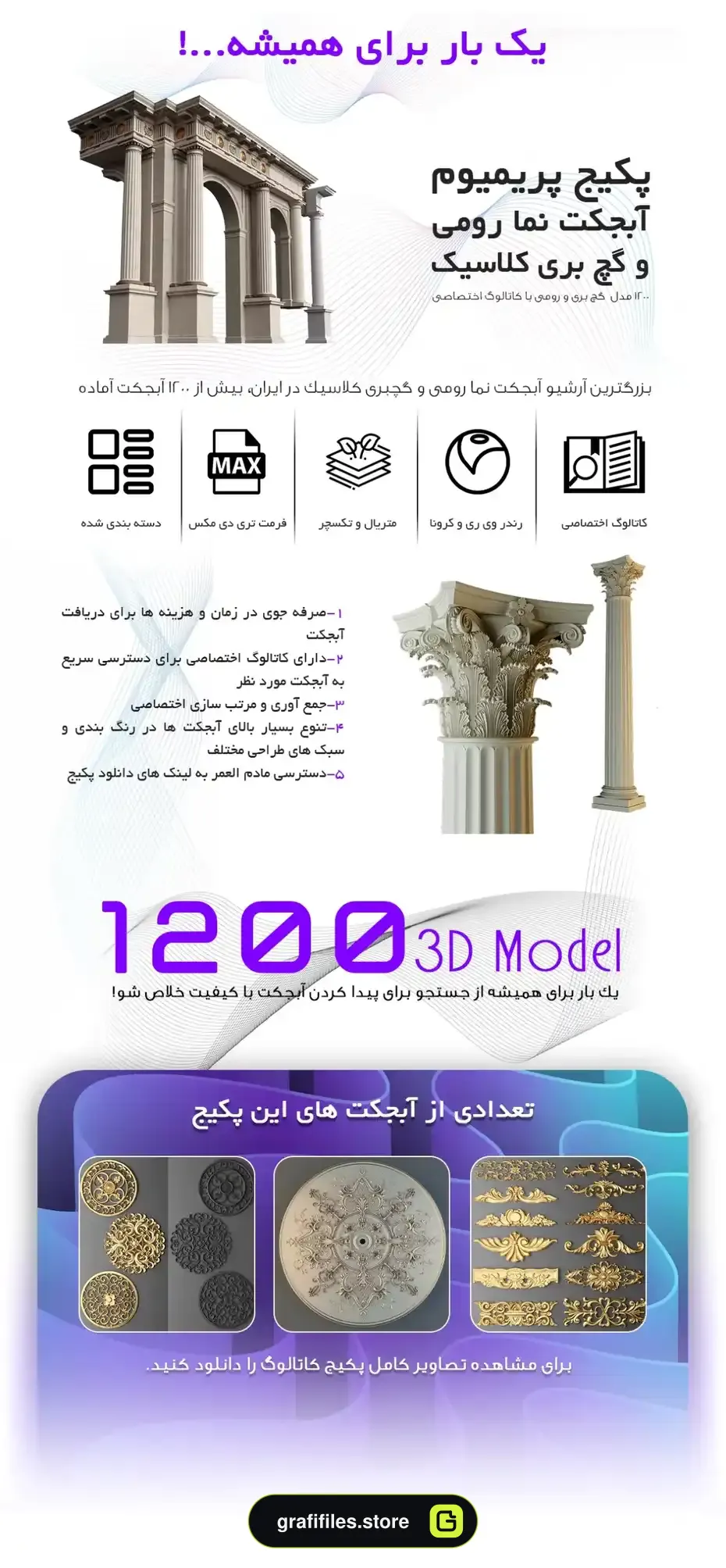 پک 1200 مدل سه بعدی نما رومی و گچبری کلاسیک