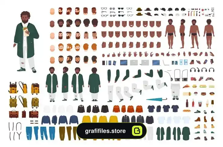 دانلود وکتور مرد سیاه پوست چاق Fat african american man constructor set or diy kit - 2 وکتور مرد سیاه پوست چاق - 1