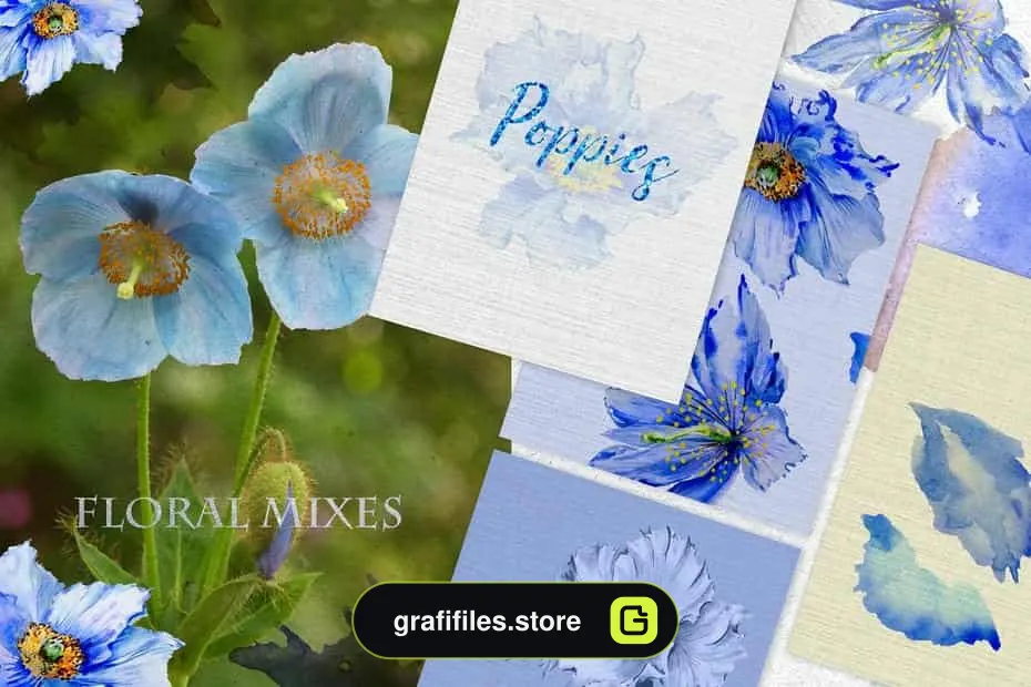 کلیپ آرت آبرنگی گل Blue Poppies Watercolor Png