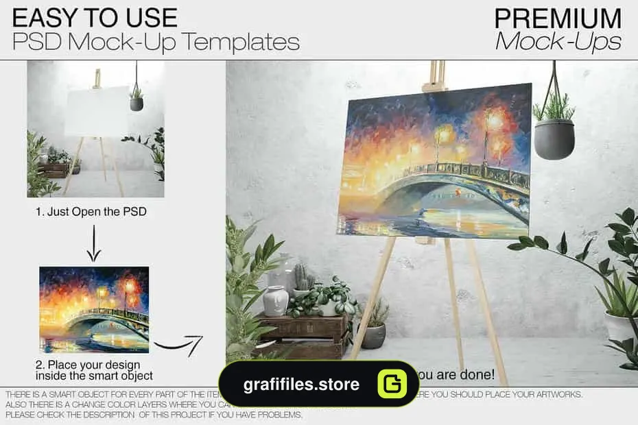 دانلود موکاپ بوم و سه پایه نقاشی Easel Stand with Canvas – Many Sizes - 17 موکاپ بوم و سه پایه نقاشی