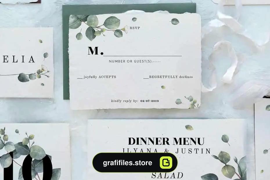 فایل لایه باز کارت دعوت عروسی Eucalyptus Foliage Wedding Suite