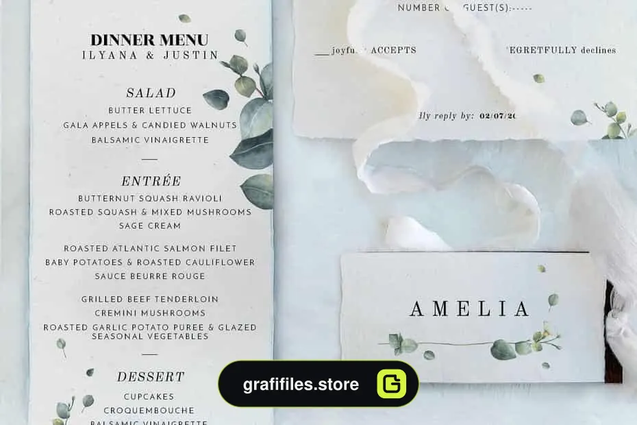 فایل لایه باز کارت دعوت عروسی Eucalyptus Foliage Wedding Suite