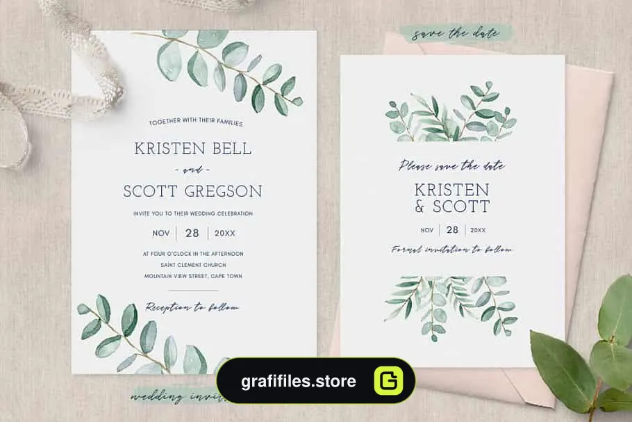 فایل لایه باز کارت دعوت عروسی Eucalyptus Wedding Invitation Suite