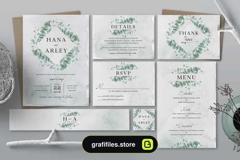 فایل لایه باز کارت دعوت عروسی Eucalyptus Wedding Invitation Suite