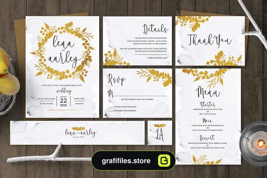 فایل لایه باز کارت دعوت عروسی Golden Foliage Wedding Invitation