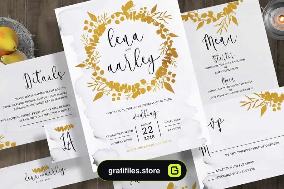 فایل لایه باز کارت دعوت عروسی Golden Foliage Wedding Invitation