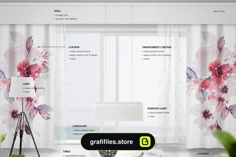 موکاپ پرده Long Curtain Mockup Set