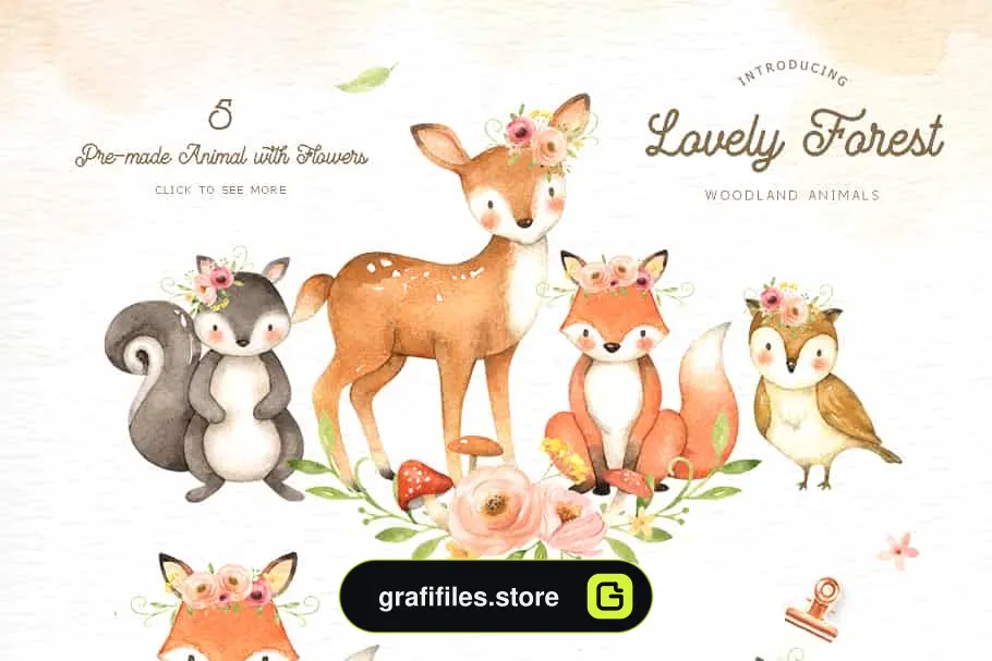 دانلود کلیپ آرت حیوانات جنگل Lovely Forest Watercolor Clip Art - 3 کلیپ آرت حیوانات جنگل - 2