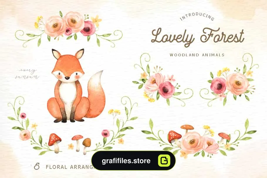 دانلود کلیپ آرت حیوانات جنگل Lovely Forest Watercolor Clip Art - 5 کلیپ آرت حیوانات جنگل - 4