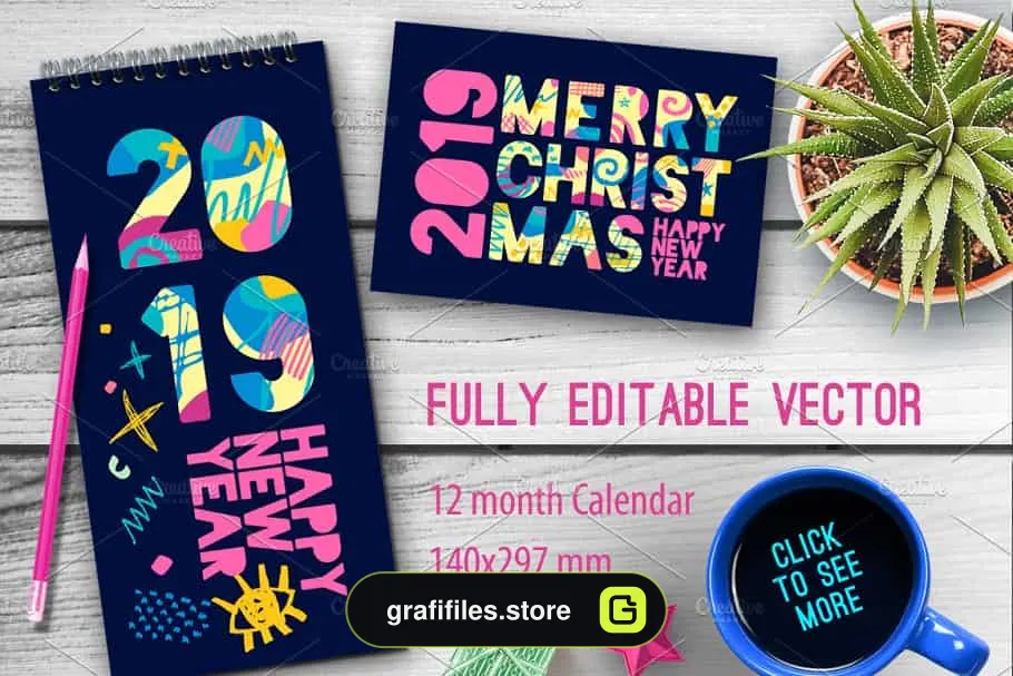 وکتور سال نو میلادی 2019 New Year Christmas Blue Bundle