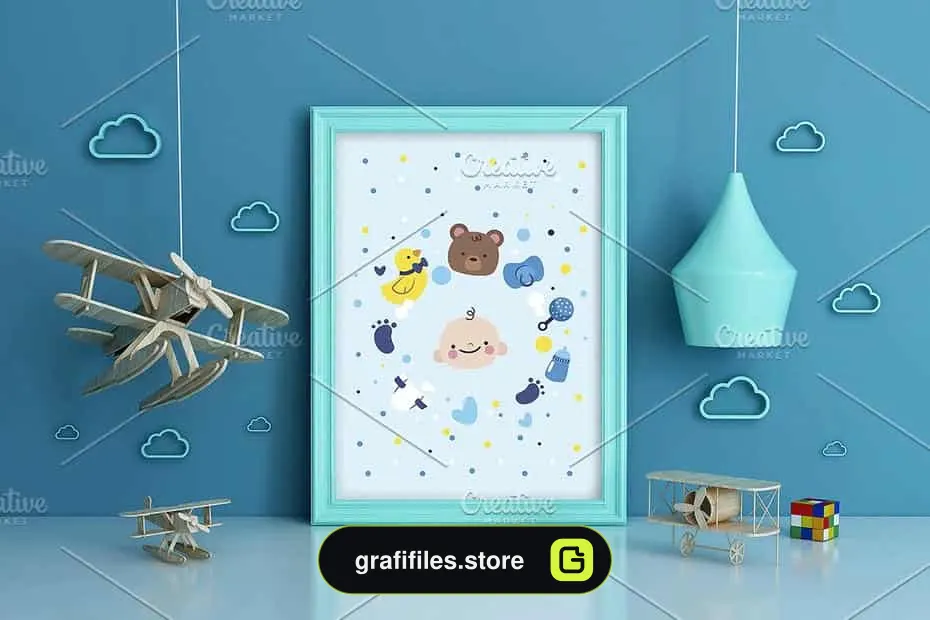 موکاپ اتاق کودک Set of 3 mockup Room airplane kids