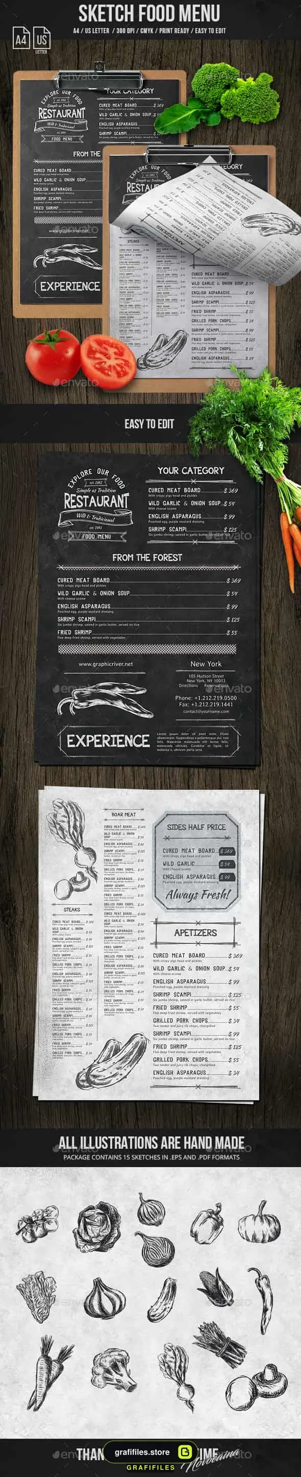 فایل لایه باز منو غذا Sketch A4 and US Letter Single Page Menu