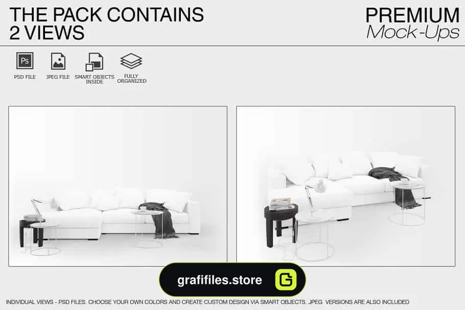 موکاپ مبلمان و کوسن Sofa & Pillows Mockup Pack 2
