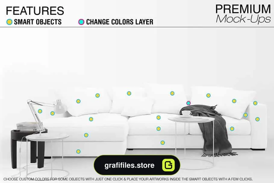 موکاپ مبلمان و کوسن Sofa & Pillows Mockup Pack 2