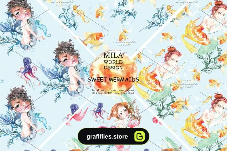 دانلود کلیپ آرت پری دریایی Sweet Mermaids Watercolor Illustrati - 4 کلیپ آرت پری دریایی - 3