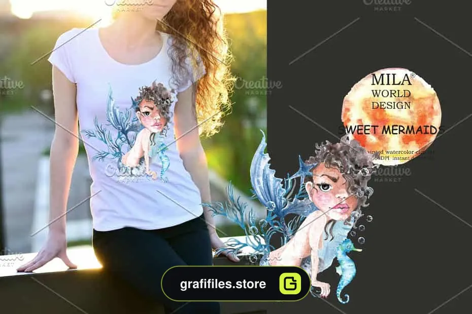 دانلود کلیپ آرت پری دریایی Sweet Mermaids Watercolor Illustrati - 6 کلیپ آرت پری دریایی - 5