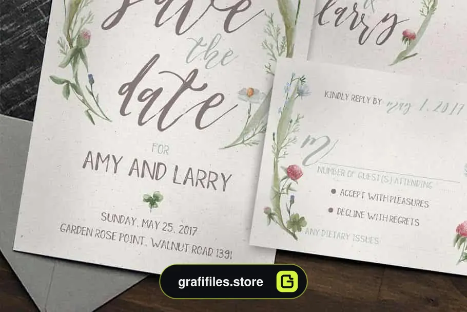 فایل لایه باز کارت دعوت عروسی Watercolor Flower Wedding Suite