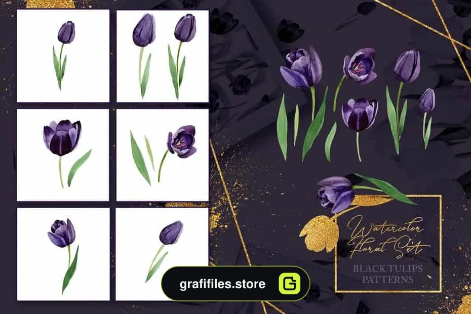 دانلود کلیپ آرت گل لاله سیاه Wonderful Black Tulips PNG Set - 2 کلیپ آرت گل لاله سیاه