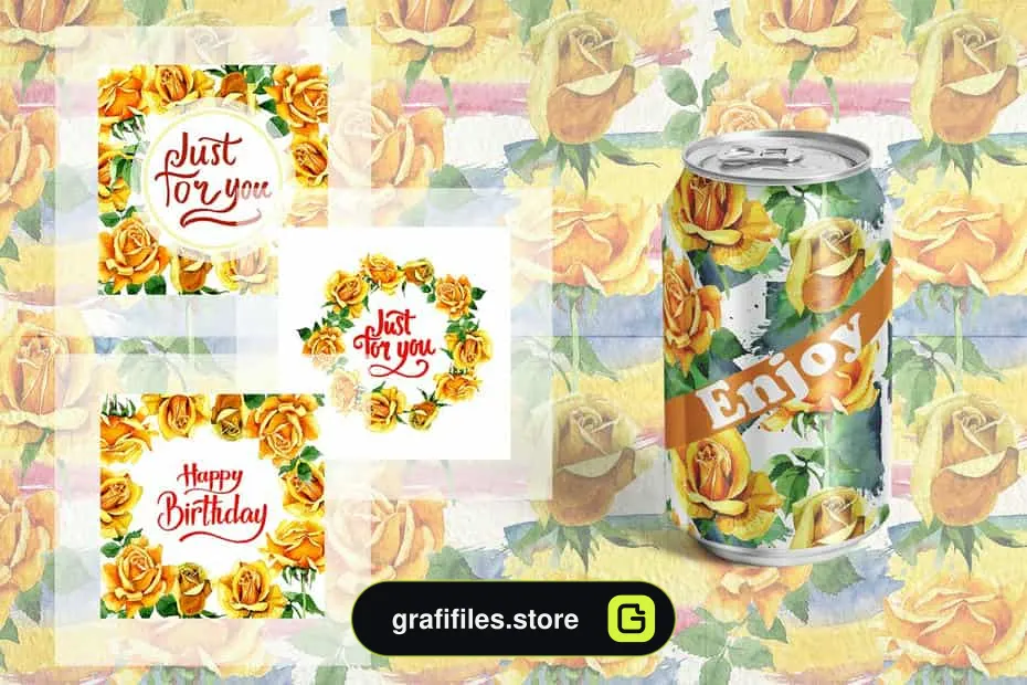 دانلود کلیپ آرت آبرنگی گل رز زرد Yellow Roses PNG watercolor set - 8 کلیپ آرت آبرنگی گل رز زرد - 7