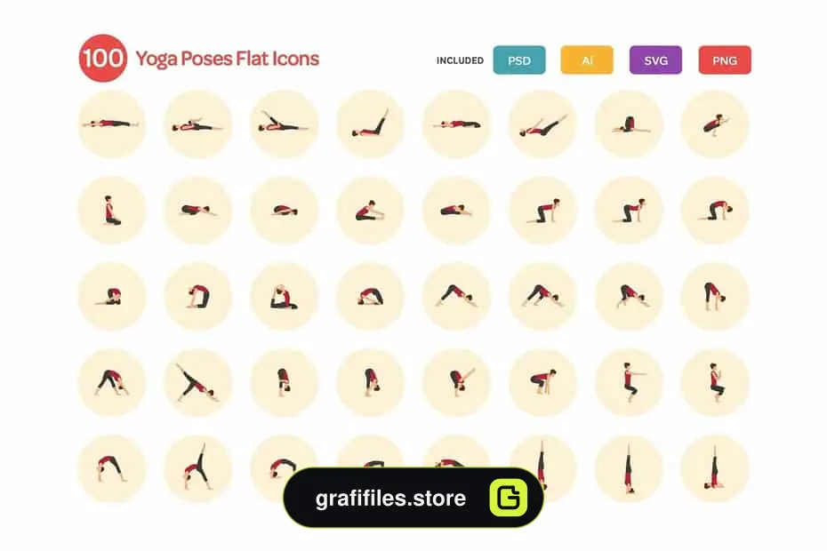 آیکون یوگا Yoga Poses Flat Icons Set - 5