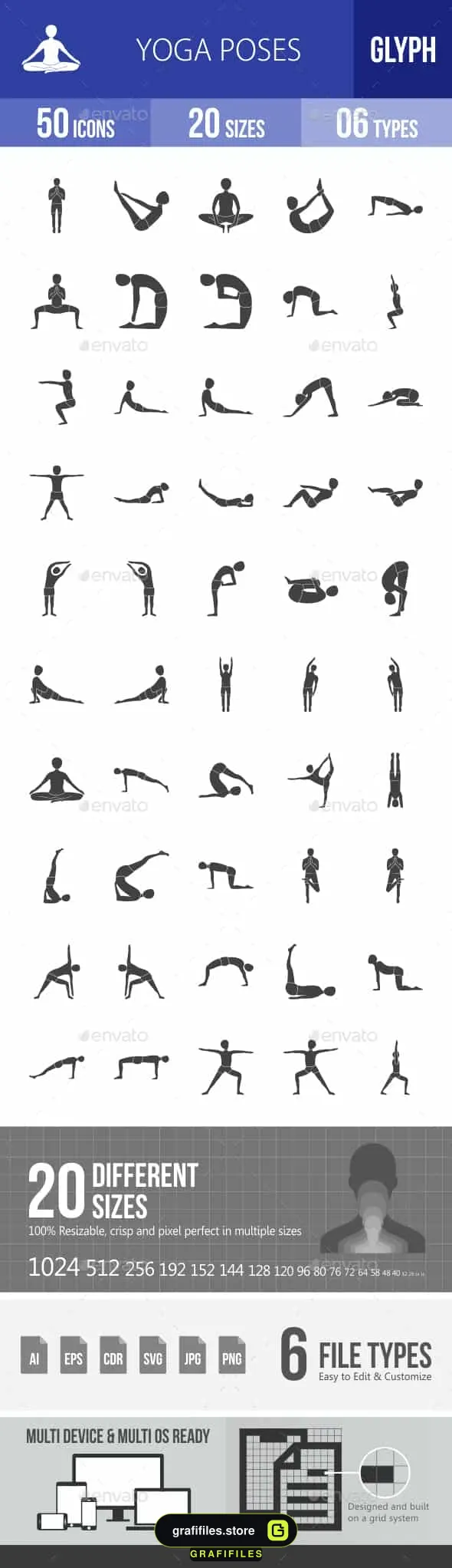 وکتور آیکون یوگا Yoga Poses Glyph Icons