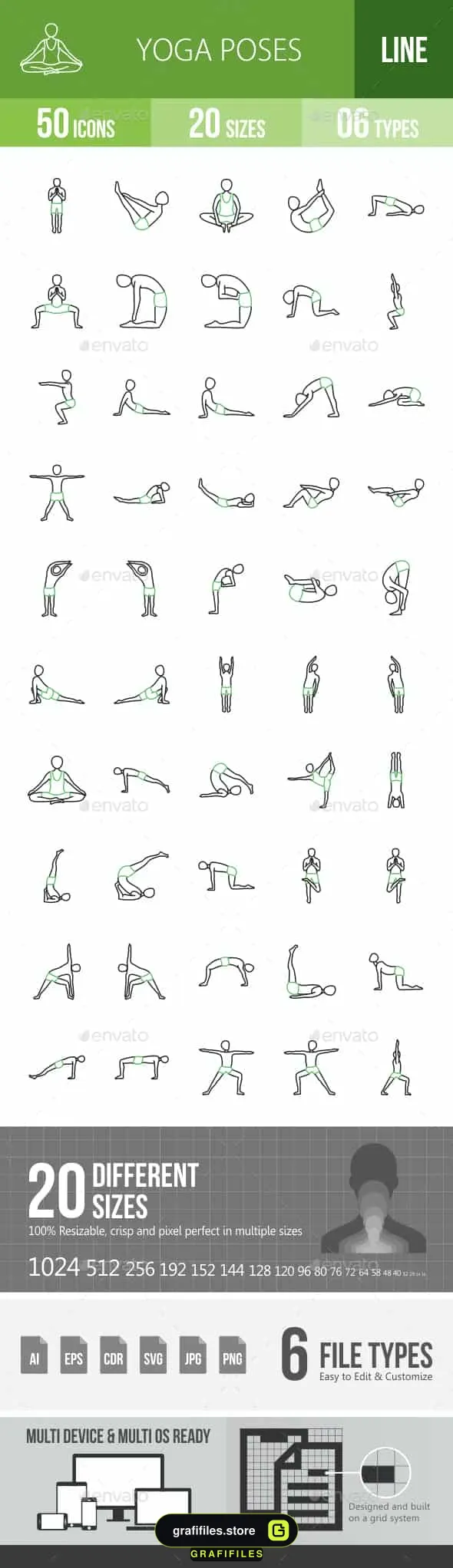 وکتور آیکون یوگا Yoga Poses Line Green & Black Icons