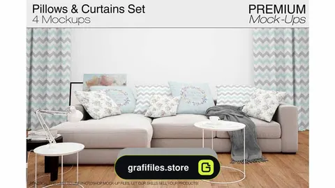 دانلود موکاپ ست کوسن و پرده Pillows &amp; Curtains Set 2
