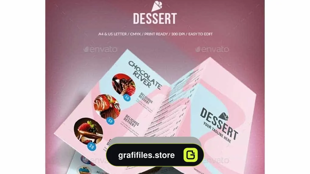 دانلود فایل لایه باز سه لت منو شیرینی فروشی Sweet Dessert Trifold Menu