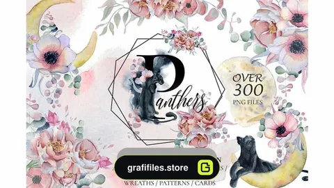 دانلود کلیپ آرت آبرنگی گل Panthers &amp; Floral Watercolor set