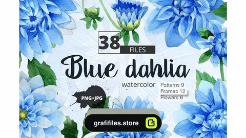 دانلود کلیپ آرت آبرنگی گل کوکب Blue dahlia watercolor PNG clipart