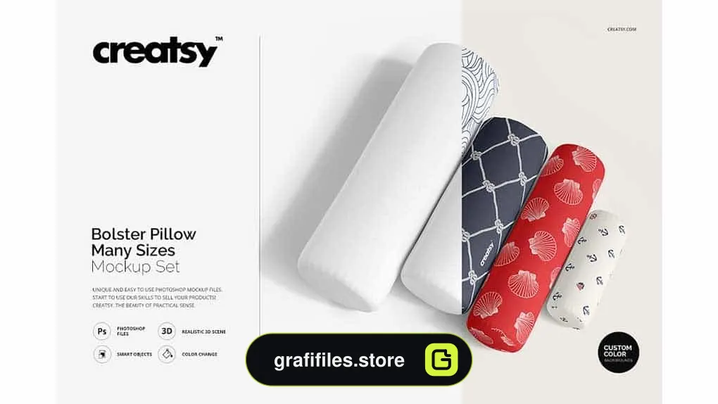 دانلود موکاپ بالشت گرد Bolster Pillow Many Sizes Mockup Set