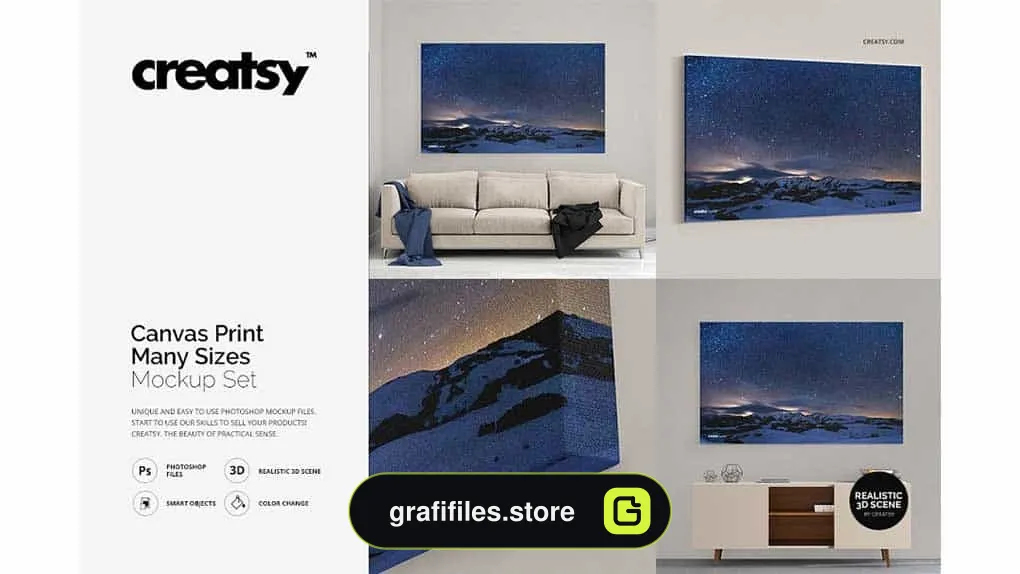 دانلود موکاپ تابلو نقاشی Canvas Print Many Sizes Mockup Set