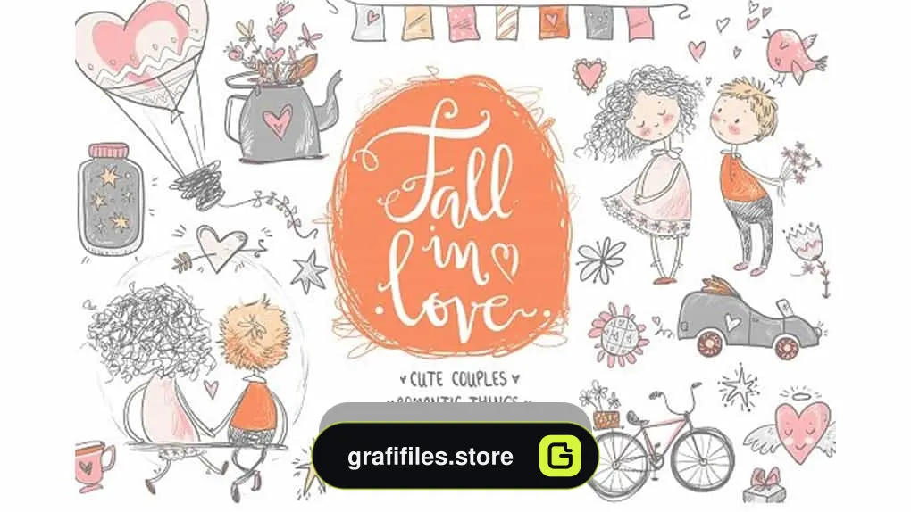 دانلود وکتور و کلیپ آرت گرافیکی Fall In Love, ROMANTIC Graphic KIT