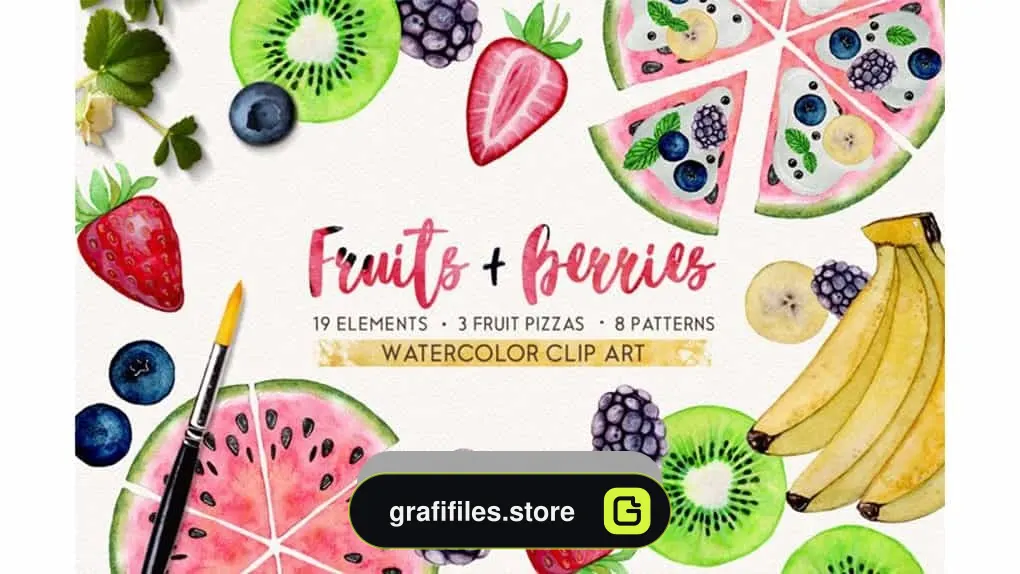 دانلود کلیپ آرت آبرنگی میوه FRUITS BERRIES watercolor set