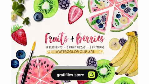 دانلود کلیپ آرت آبرنگی میوه FRUITS BERRIES watercolor set