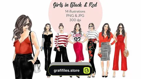 دانلود کلیپ آرت دختر با لباس قرمز و مشکی Girls in Red and Black