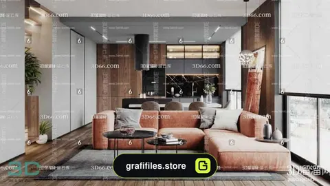دانلود صحنه آماده اتاق نشیمن و آشپزخانه از 3D66
