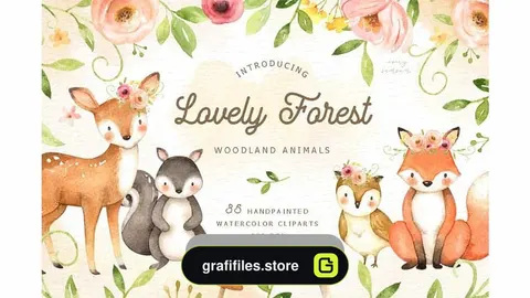 دانلود کلیپ آرت حیوانات جنگل Lovely Forest Watercolor Clip Art