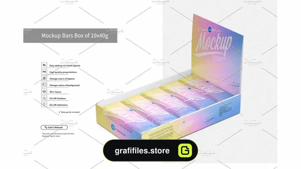دانلود موکاپ جعبه شکلات Mockup Bars Box of 10x40g