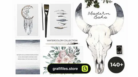دانلود کلیپ آرت آبرنگی رنگ پریده MODERN BOHO: pale watercolor set