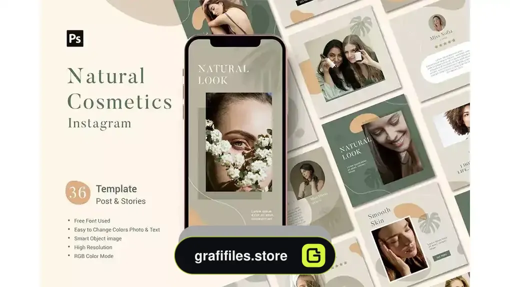 دانلود طرح لایه باز پست و استوری اینستاگرام لوازم آرایشی Natural Cosmetics Template