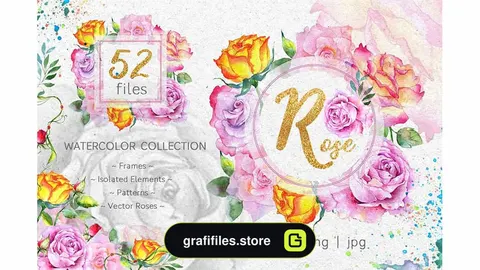 دانلود کلیپ آرت گل رز صورتی Pink Roses Collection Watercolor