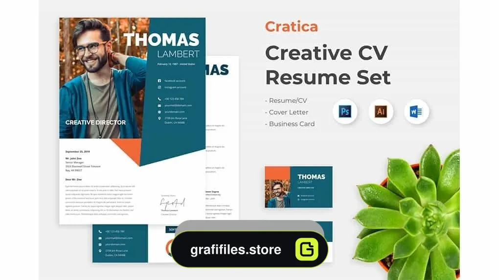 دانلود قالب آماده ورد رزومه و کارت ویزیت Cratica – Professional Business Creative CV Resume Set