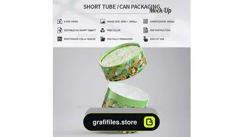 دانلود موکاپ قوطی فلزی Short Tube / Can Packaging Mock-Up
