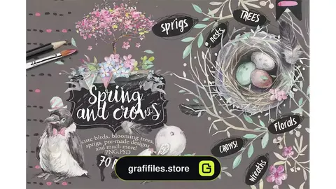 دانلود طرح لایه باز بهار و کلاغ Spring &amp; crows bundle