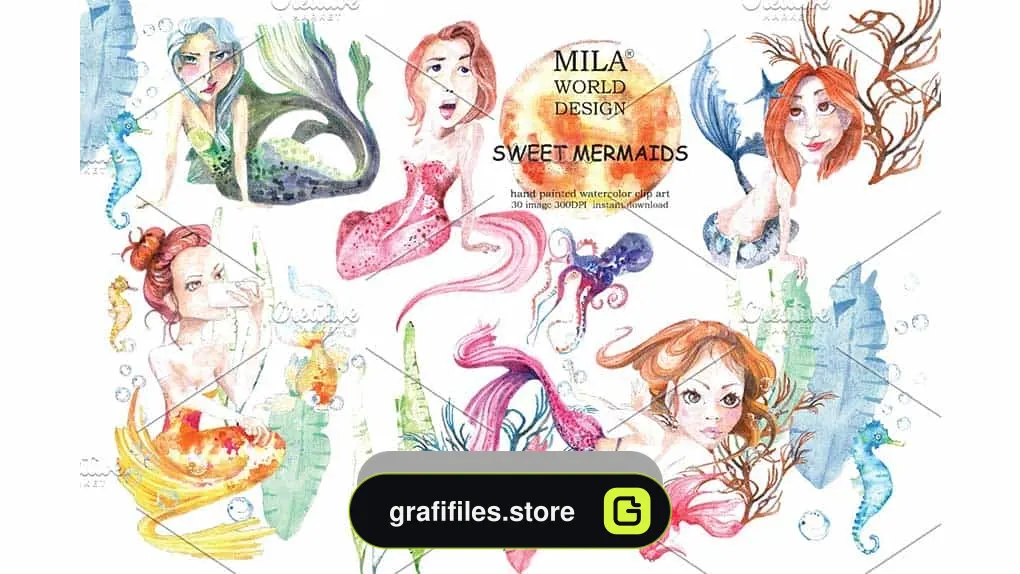 دانلود کلیپ آرت پری دریایی Sweet Mermaids Watercolor Illustrati
