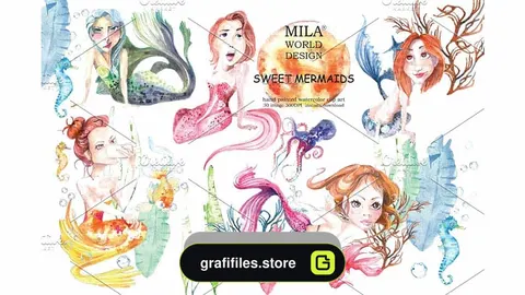 دانلود کلیپ آرت پری دریایی Sweet Mermaids Watercolor Illustrati